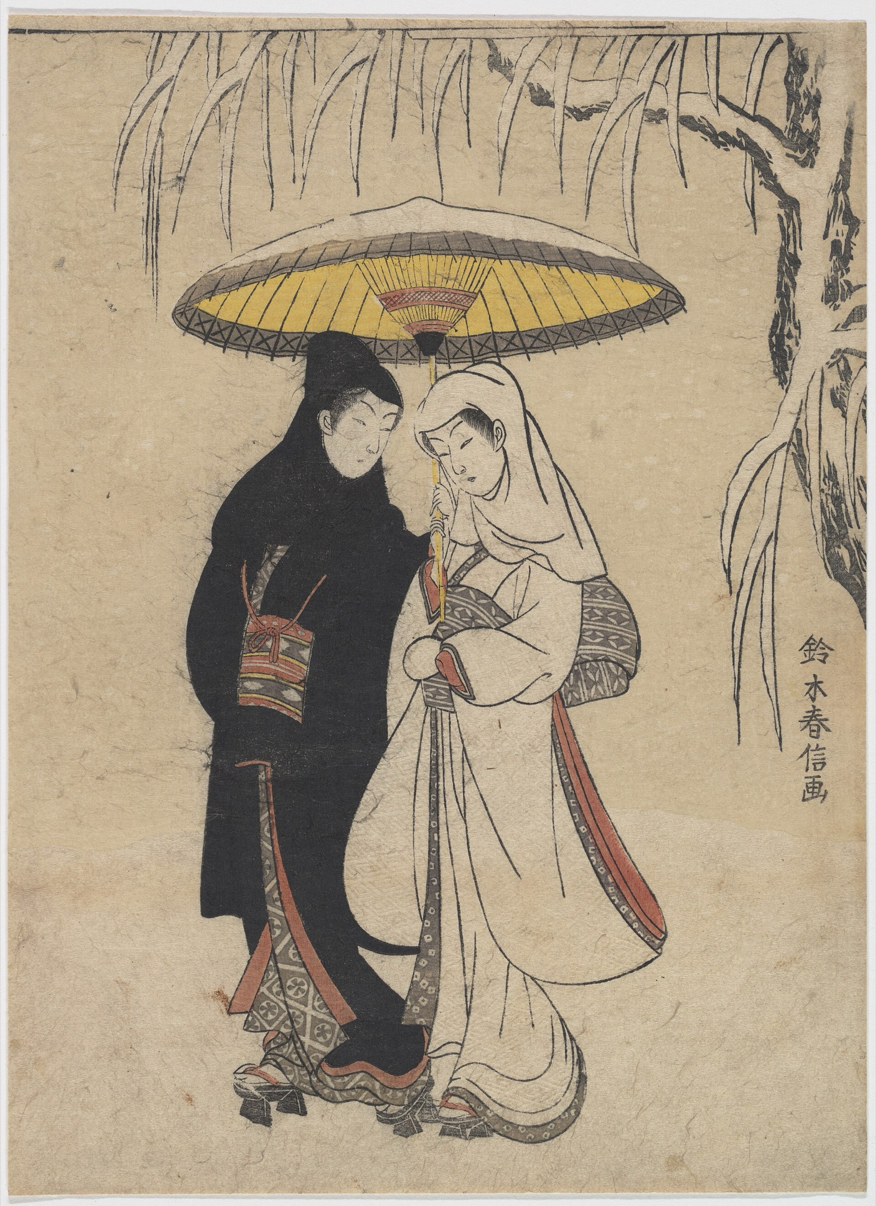 Dos amantes bajo un paraguas en la nieve de Suzuki Harunobu